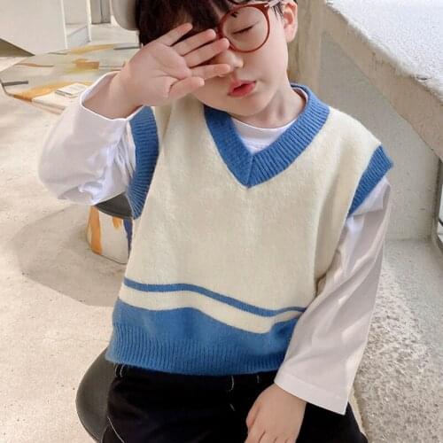 Boys' Vest Autumn 2021 New Boys' Cardigan Knitted Vest Patchwork Preppy Style Fashionable Sweater Vest