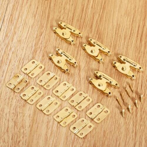 Gold 5Pcs Vintage Cupboard Cabinet Jewelry Wooden Box Latch Hasps Clasps Buckle with 10Pcs Hinges and Screws Furniture Hardware
