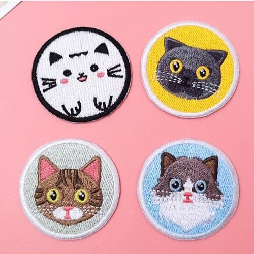 1 Piece 4.5*4.5cm Round Type Cat Hot Melt Adhesive Stickers Cute Animal Embroidered Patch Stickers Sewing Accessories