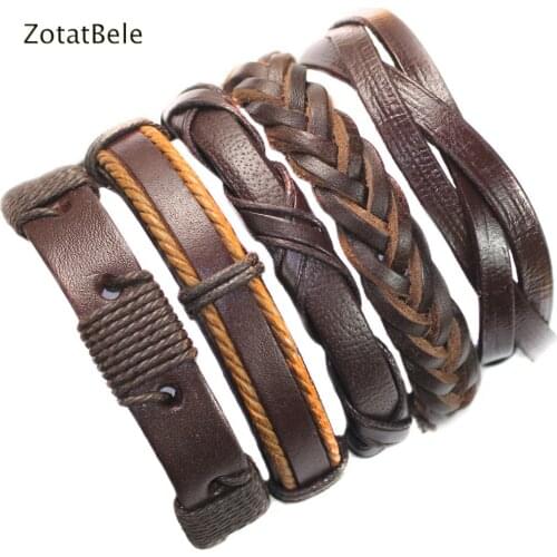 5Pcs Handmade Brown Leather Bracelets Multilayer Braid Wrap Bracelets Bangle Male Rope Chain Wholesale Men Jewelry F28