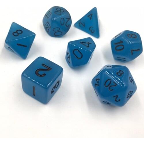 Rollooo Dice 7-Dice Set Blue Glow In The Dark D4 D6 D8 D10 D% D12 D20 Glowing D&D