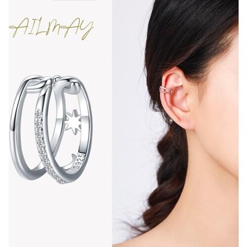 Ailmay 100% 925 Sterling Silver Fashionc Charm Moon and Star Ear Clip Earring Clear CZ For Women Girls Party Accessories Jewelry