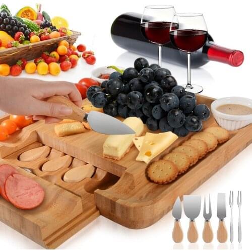 Bamboo Cheese Board Cutlery Knif Set With Slide Out Drawer 4 Knives Sets Cooking Tools Cheese Knife Cheese Slicer Fork Scoop Cut