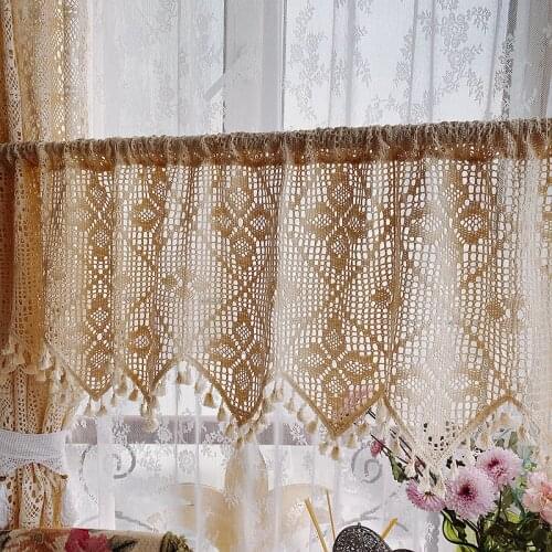 Boho Retro Cotton Linen Crochet Curtains for Farmhouse Kitchen Cafe Hollow Knitting Hand Made Bay Gazebo Window Drapes