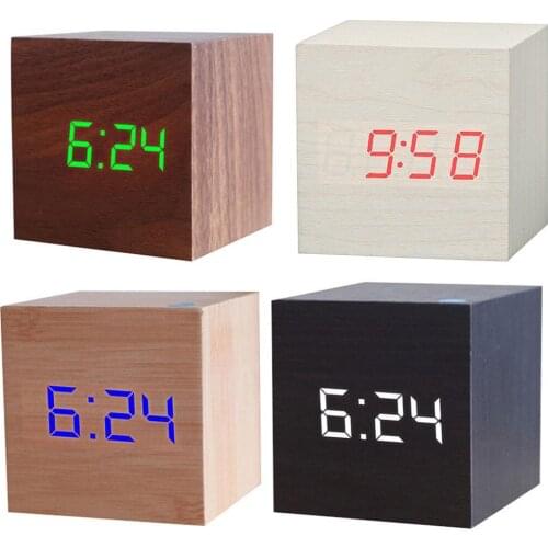 LED Wooden Alarm Clock Watch Table Voice Control Electronic Desktop USB/AAA Powered Clocks Table Decoration Desk Tools
