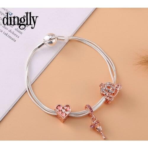 Dinglly Silver Color 3 Snake Chain Rose Pendant Bracelets For Women Original Rose Gold Heart Pumpkin Car Beaded Bracelets Gifts