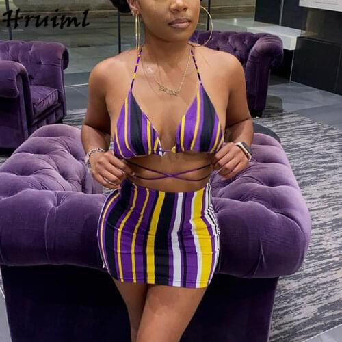 Dropshipping Womens Suits 2021 Halter Top Short Pants Striped Print Summer Womens Suit Backless Lace-up Swimming Sexy 2 Sets