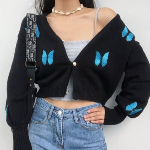 E Girl 2021 New Cardigans Y2k Butterfly Embroidery Sweater Coat Knitted Women Lantern Sleeve V Neck Single Breasted Autumn Tops