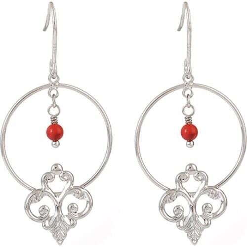 Sterling silver needle South Korea fashionable Hoop Earrings Vintage Hollow geometry shape Ruby gemstone pendant drop earrings