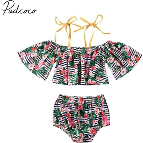 2020 Summer Swimsuit 1-6T Infant Kids Baby Girl Off Shoulder Crops Tops High Waist Bottom 2Pcs Floral Striped Swimwear Beach Set