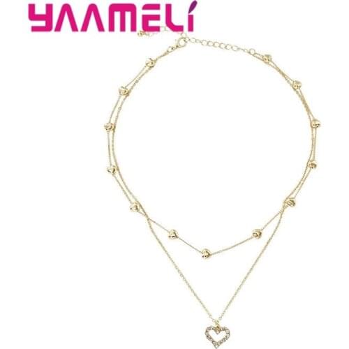 925 Sterling Silver Double Layer Necklace Round Shiny Full Zircon Heart Pendant Necklaces Gift for Girl Fine Jewelry Accessories