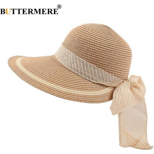 BUTTERMERE Beach Hat Women Summer Hat Bowknot Sun Visor Ladies Straw Hat Elegant Ladies Khaki Vacation Leisure Sunscreen Hat