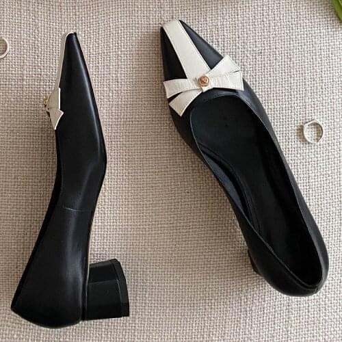 Womens genuine leather mix color patchwork pointed toe slip-on thick high heel pumps OL bow tie sweet korean style daily shoes