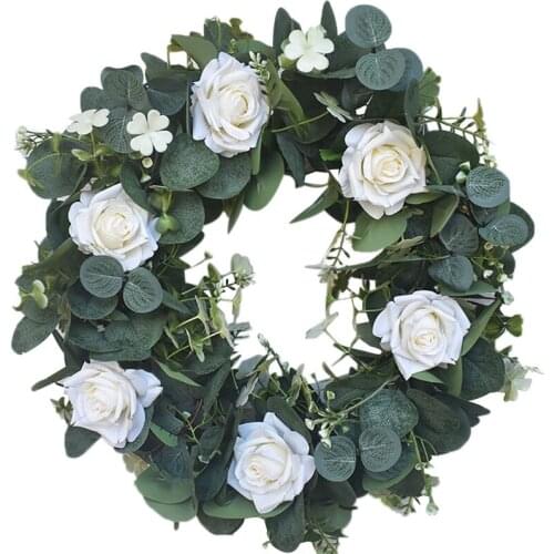 Artificial Eucalyptus Wreath,Green Wreath With Four Leaf Clover And White Rose For Front Door Window Home Festival Party