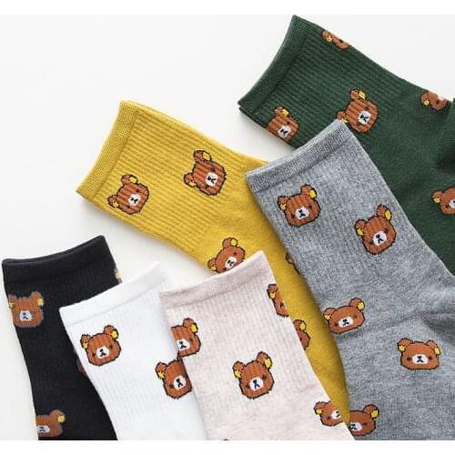 Cute Womens Socks Fashion Kawai Cartoon Combed Cotton Funny Bear 5 Colors Korean College Wind a Pair of Socks Size:35-40
