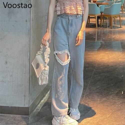 Sweet High Waist Denim Pants Women Chic Love Heart Ruffles Hollow Out Wide Leg Pants Jeans Female Streetwear Straight Trousers