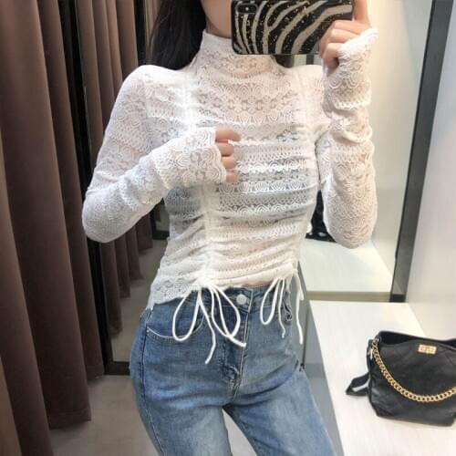 Women Spring Autumn Style Lace Blouses Shirts Lady Casual Long Sleeve Turtleneck Hollow-out Lace Blusas Tops ZZ0197