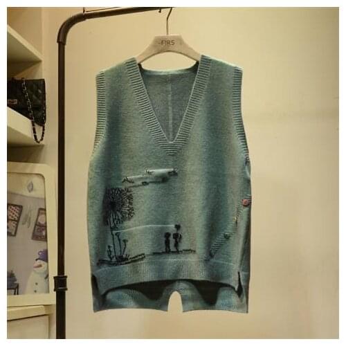 Green UK Spring Fall Korean Japan V-neck Knit Sleeveless Sweater Vest Loose Coat Outcoat Lady Top Cloth for Women girl Waistcoat