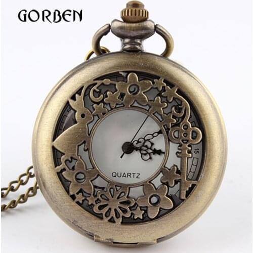 2020 Bronze Rabbit Hollow Quartz Pocket Watch Pendant Necklace Chain Vintage Pocket fob Watches relogio de bolso