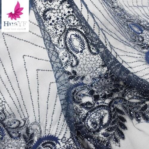 2020 High Quality Navy blue New fashion design heavy handmade beading pearls wedding dress lace fabric 1 yard blac fabric