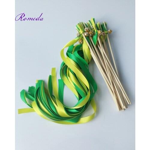 50pcs/lot Hot selling green and yellow wedding ribbon wands stick for wedding decoration party