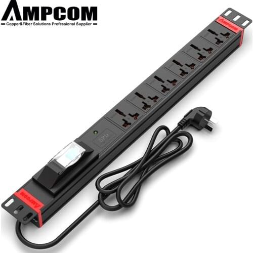 AMPCOM 19 inches PDU Overload Short Air Circuit Breaker Surge Protection Universal 6 outlets 16A for Server Room Cabinet Power