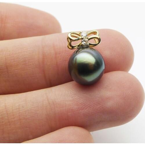 Free Shipping Luminous 9.9*10.5MM Black Green Tahitian Pearl Bowknot Pendant 14K Yellow Gold #0209