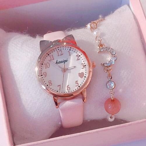 2021 Fashion Kids Love Digital Dial Children Set Watch Leather Strap Quartz Watches Kid Girls Clock Childrens Watch + Bracelet