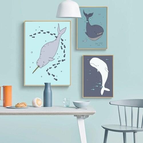 Whale Narwhal Beluga Wall Art Canvas Painting Nordic Posters and Prints Cartoon Sea Animals Wall Pictures Baby Kids Room Decor