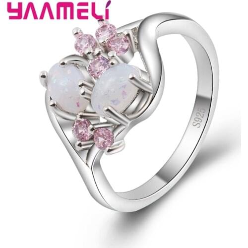 White Fire Opal Rings For Women Surround Pink Rhinestone 925 Silver Rings Jewelry Bijouterie Wholesale Factory Direct