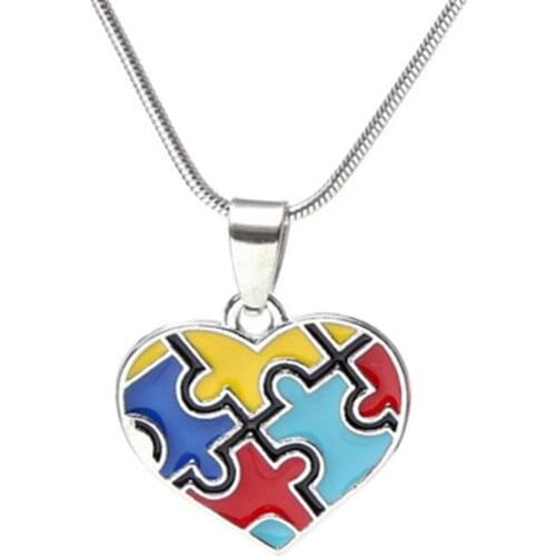 Hot Multi-Colored enamel Autism Awareness puzzle Piece Heart Pendant with Snake Chain necklace for men /women jewelry