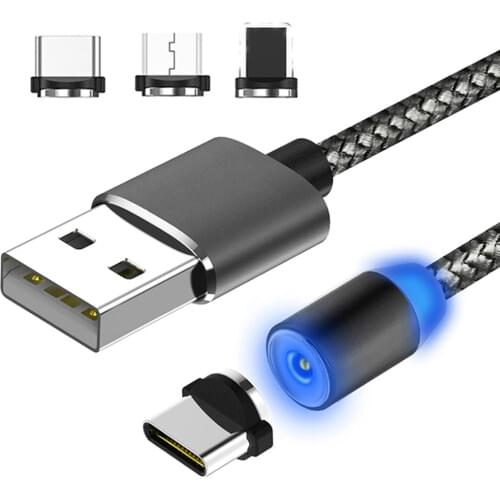 Magnetic Charger Cable for Apple IPhoneX XR XS 7 8 1m/2m Round Head Braided Mobile LED Cable Type C Micro USB for Samsung Huawei