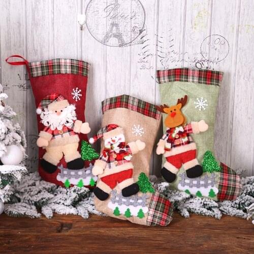 Christmas Stocking Sacks Linen Snowman Santa Elk Bear Fireplace Christmas Tree Decoration Kids New Year 2022 Xmas Candy Gift Bag