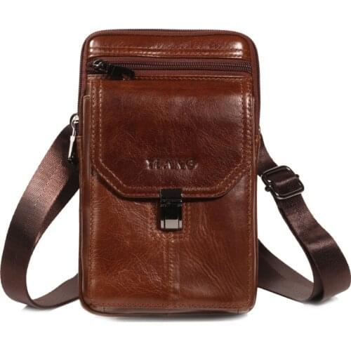 Real Leather Mens Shoulder bags Multi-function Fanny Pack Cellphone Waist Packs Belt Bag 7inch Phone Pouch Small Messenger Bag