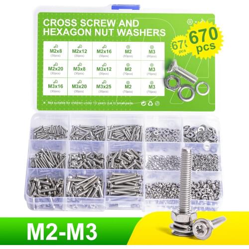670Pcs M2 M3 Assortment Kit Set Phillips Flat Head Machine Screw Metric Thread Cross Countersunk Bolt Nut Washer Bolts and Nuts