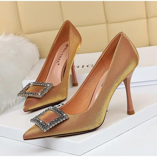 2020 Office Lady Shoes Crystal 9.5cm High Heels Plus Size Women Rhinestone Wedding Bridal Yellow Low Heels Pumps Fetish Shoes