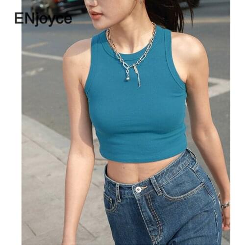 Casual Cotton Ribbed Skinny Tank Top Female Mini Vest 2021 New Basic Summer Blue Top Harajuku Pink Crop Tops Women Clothes