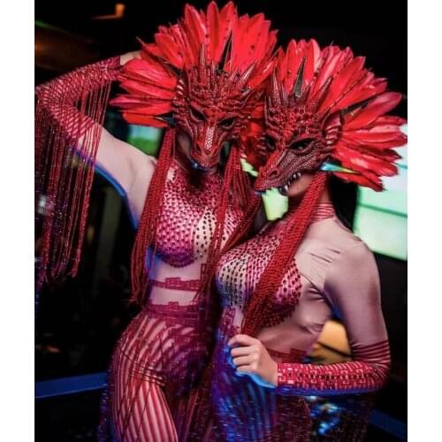 Festival Outfit Red Feather Dragon Headress Chinese Jumpsuit Nightclub Dj Ds Gogo Dance Cosplay Costume