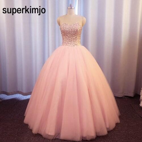 SuperKimJo Vestidos De Graduacion Pink Prom Dresses 2020 Sweetheart Neck Beaded Sleeveless Elegant Ball Gown Vestido De Longo