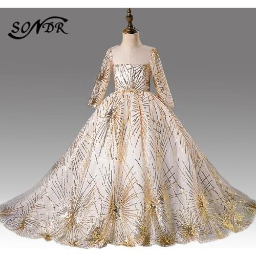 Sparkling Sequin Gold Flower Girls Dress HT154 Luxury Train Girls First Holy Communion Dresses O-neck Girls Ball Gowns 2020