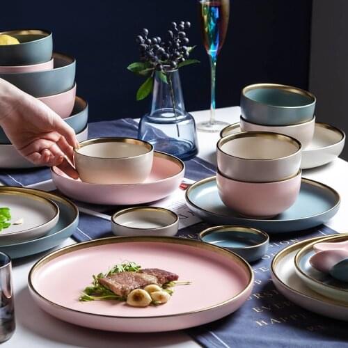 Solid Color dishes and plates sets dinnerware Utensils for kitchen ceramic Tableware plates for soup golden Housewares kitchen