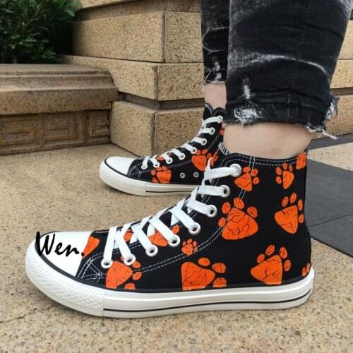 Wen Design Custom Hand Painted Shoes Dog Paws Print High Top Black Canvas Sneakers Birthday Gifts for Men Women
