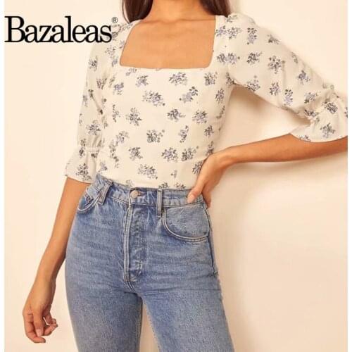 Bazaleas Chic Purple Floral Print mujer Fashion Flare Half Sleeve blouse women harajuku Slim shirt Vintage Elastic Blouse