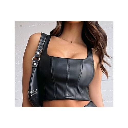 Womens Sexy PU Leather Clothes Square Neck Sleeveless Tank Tops Crop Top Can Match Pleated Skirt