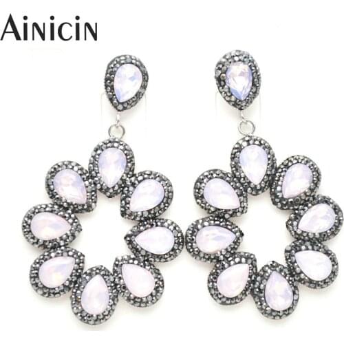 1pc New Design Women Dangle Earrings 40x65mm Pink Opal Color Rhinestone Paved Sun Flower Shape Party Jewelry