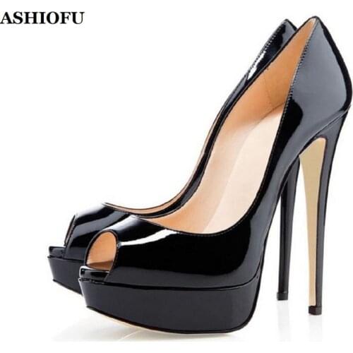 ASHIOFU Hot Sale Handmade Sky-heel Pumps Sexy Platform Peep-toe Party Prom Shoes Slip-on Evening Club Fashion Evening Pump Shoes