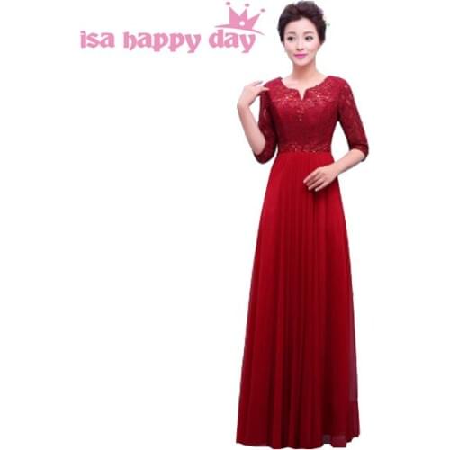 New long modest burgundy chiffon elegant bridesmaid dresses with lace wine red a-line dress with sleeves women 2020 H3759