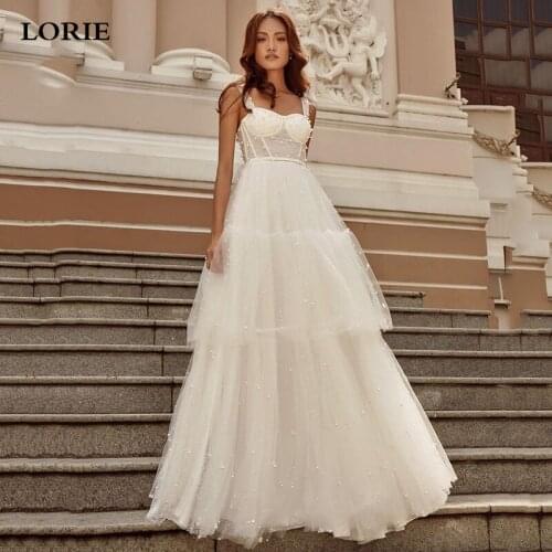 LORIE Pearls Wedding Dresses Off The Shoulder A-Line Beach Bridal Gowns Open Back Floor Length Boho Princess Corset Wedding Gown