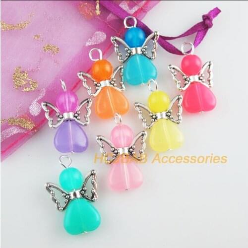 14Pcs Tibetan Silver Tone Angel Mixed Jelly Acrylic Heart Charms Pendants 18x27mm