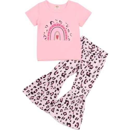 2Pcs Kids Summer Outfits, Rainbow Print Short Sleeve T-Shirt + Leopard Print Flared Trousers for Girls, 1-6 Years